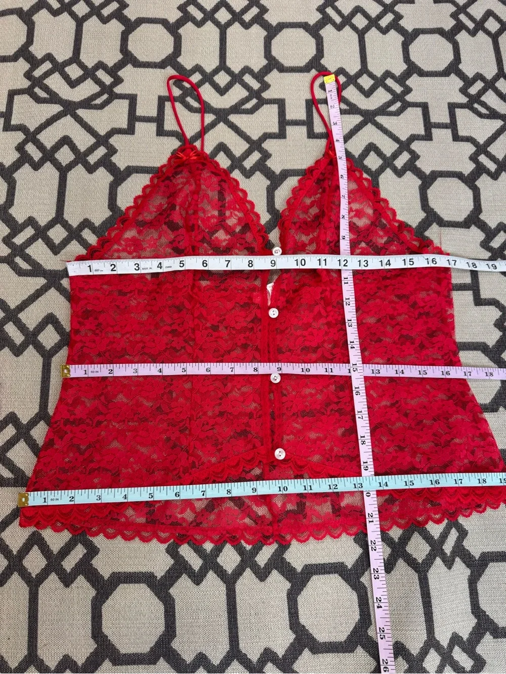 Texsheen Vintage 70s 80s Red Lace Lingerie 2 Piece Set Sheer Cami Shorts Sz L
